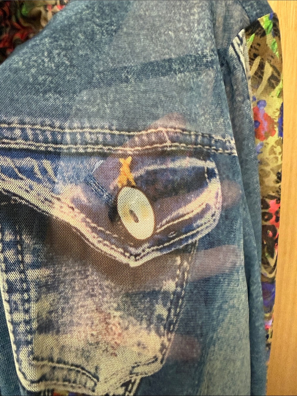 John Mark MESH Sheer Blue Denim PRINTED Jacket with Multicolor Floral Trim - Picture 11 of 14